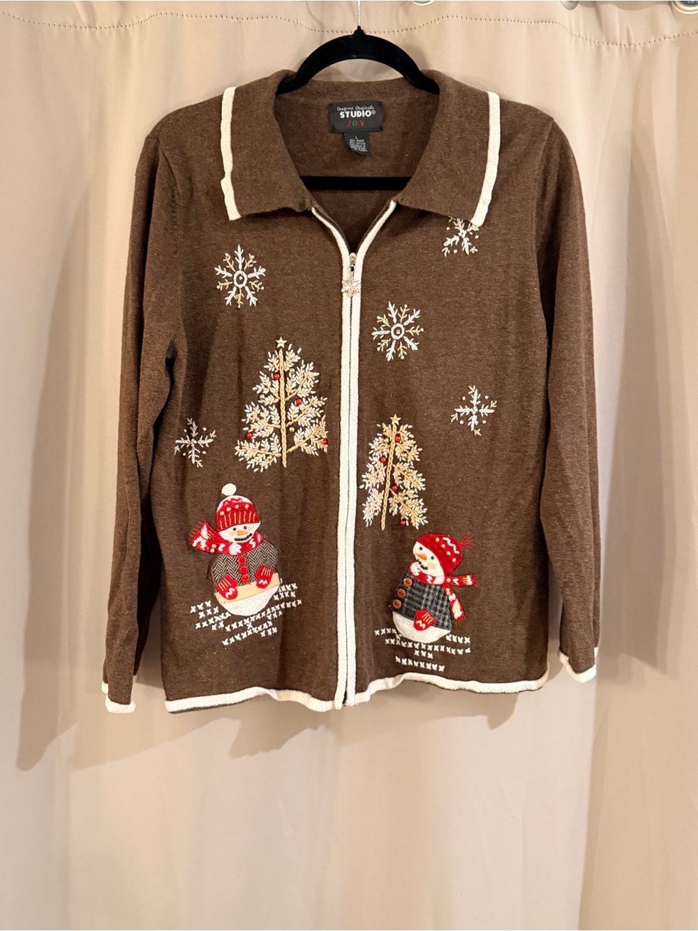 Studio Joy  Brown Holiday Snowman Zip Cardigan